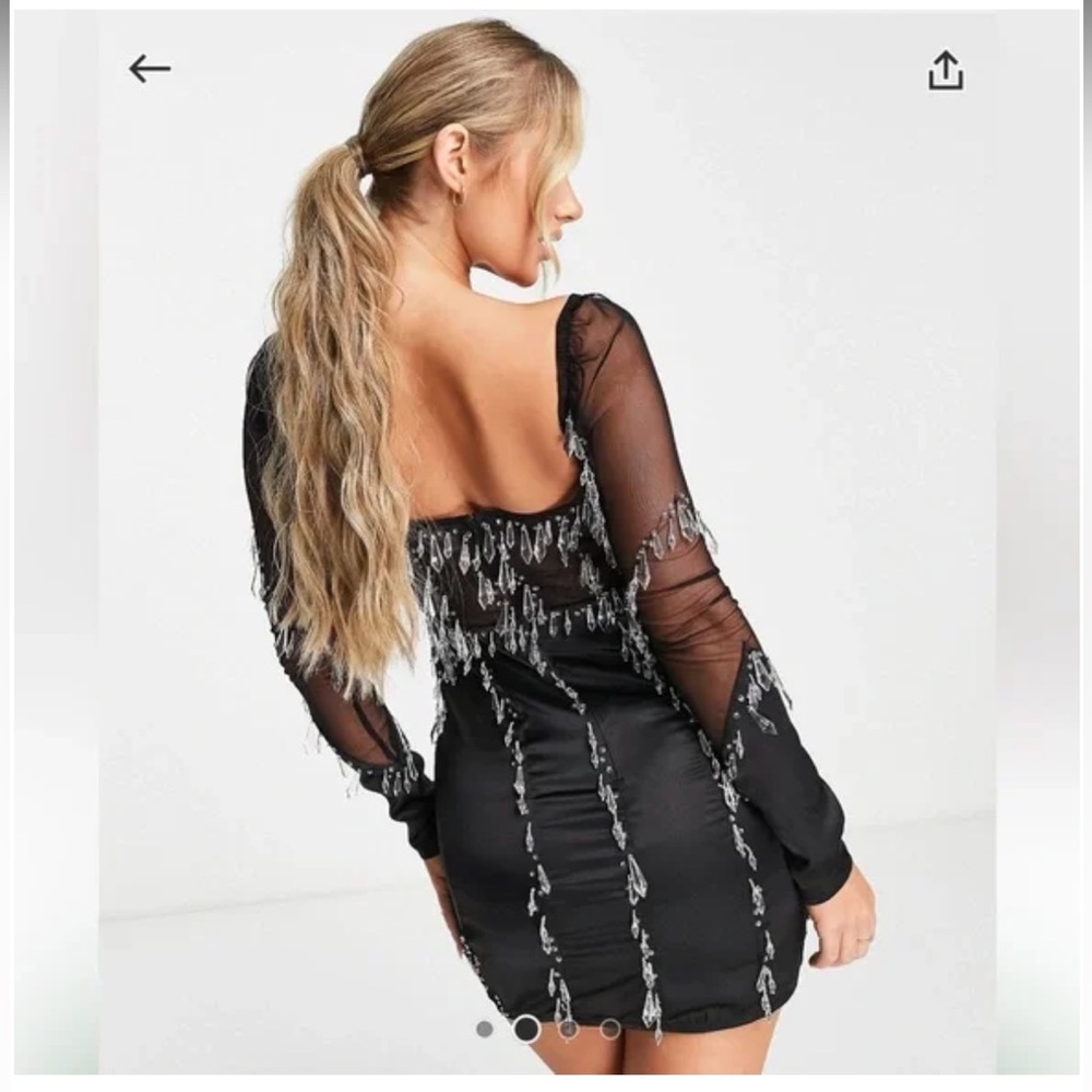 ASOS- long sleeve teardrop embellished dress with mesh panels in black size US 6 - Picture 2 of 8